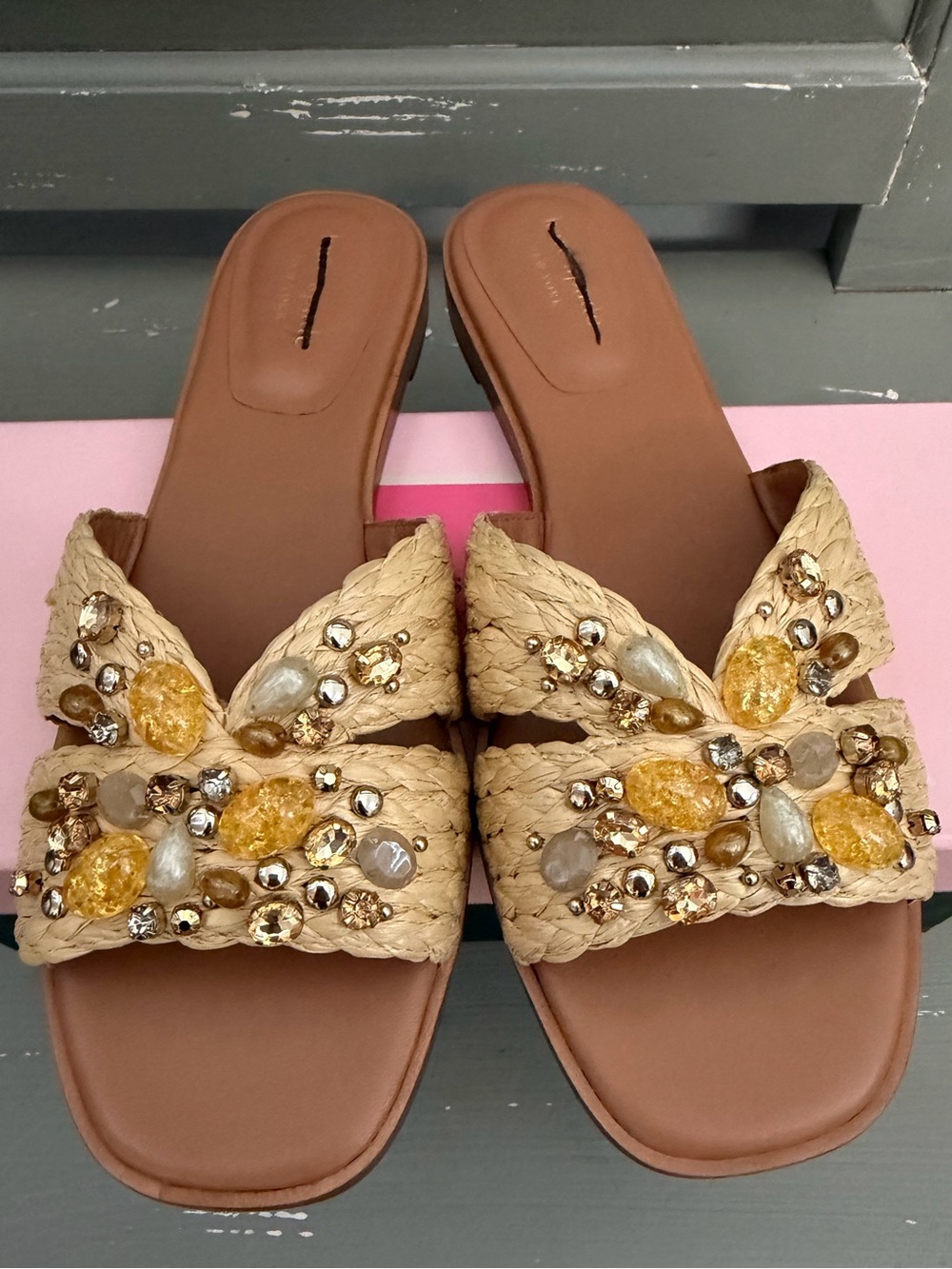KATE SPADE NEW YORK - Women’s Slide Sandals - Natural Braided Raffia